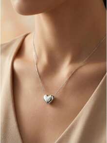 3D Heart Pendant Necklace For Women - Dainty Gold Layering Choker, Coquette Core & Minimalist Everyday Jewelry (Adjustable Chain,  Viral Gift) - Silver - View 2