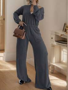 大码女式休闲纯色V领收腰长袖连体裤 - 深灰色 - 查看 1