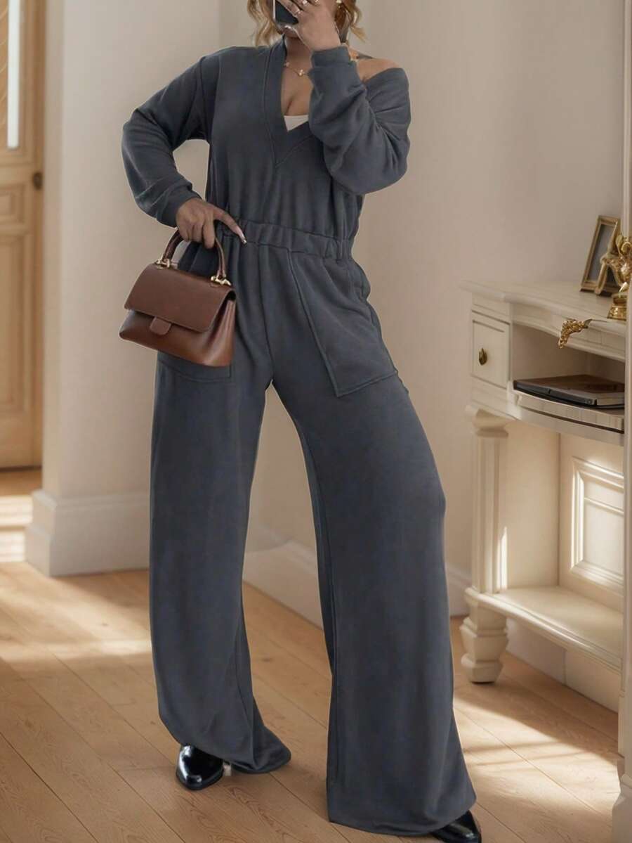 大码女式休闲纯色V领收腰长袖连体裤 - 深灰色 - 查看 1