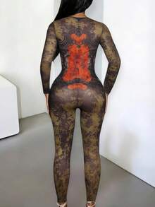 DOUCIU Mesh Fabric Graphic Print High Waist Slim Long Sleeve Jumpsuit Night Club Event Outfit - Orange - View 2