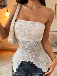 Top elegant pentru femei, casual, versatil, cu tiv asimetric, cu garnitură sexy din dantelă, potrivit pentru petrecere, Halloween, Ajunul Crăciunului, Crăciun, festivalul de primăvară, activități în aer liber, plajă, întâlniri cu prietenii, cumpărături, divertisment, muncă etc. Material simplu, confortabil, stil unic, raport calitate-preț ridicat, primăvară/vară. - alb - Vizualizare 3