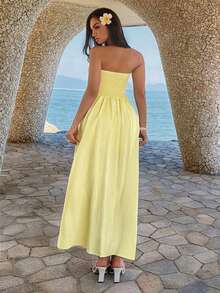 PoPoHouse 女士优雅浪漫褶皱性感修身无肩带黄色长裙，适合情人节约会、日常休闲、海滩旅行、婚礼派对、春夏穿着。 - 黃色 - 查看 2