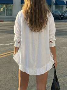 休闲落肩长袖白色荷叶边纽扣衬衫，春夏款 - 白色 - 查看 6