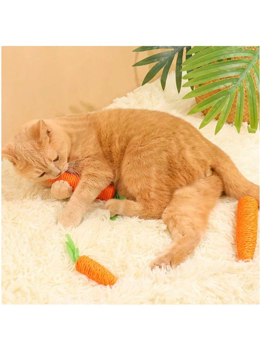 1pc Cat Carrot Self-Entertaining Chew Toy, Bite-Resistant Carrot Shaped Teaser Wand With Paper Rope For Cats