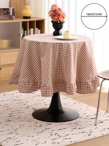 1件卡其色格子圆形桌布，复古美式风格，带荷叶边，厨房/客厅装饰，情人节桌布 - 卡其色 - 查看 7