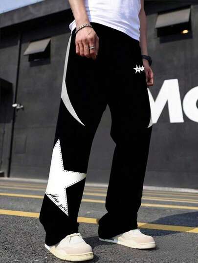 Pantalones rectos casuales para hombres, diseño de bloques de color, corte holgado, estampado de moda, adecuado para uso diario, ir al trabajo, estilo callejero, primavera/verano