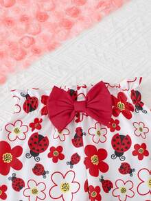 Bộ quần áo 4 món cho bé gái, gồm áo liền quần dài tay in hình bọ rùa và chữ cái đáng yêu, quần ống rộng có nơ xếp ly, băng đô và mũ, thích hợp cho các hoạt động ngoài trời, ngày Valentine, món quà lý tưởng cho bé gái. - Đỏ - Xem 8