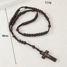 Wood Bead Rosary Necklace 1-Piece - Handmade Adjustable Cross Pendant, Natural Spiritual Jewelry For Men & Women - 黑色 - 查看 5