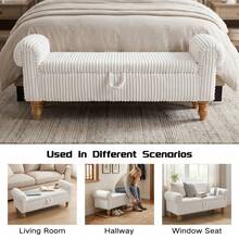 51.5" Storage Bench For Bedroom End Of Bed, Mid-Century Upholstered Ottoman With Storage & Rolled Arms, Corduroy Bedroom Bench Storage Chest Footrest,  Padded Window Seat Shoe Cabinet Stool Furniture For Bedroom, Entryway, Bedroom Essentials Home Decor, White - Vải nhung kẻ trắng - Xem 5