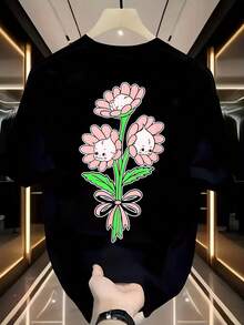 Mens Cupid Doll Spring Flower Bouquet Graphic T Shirt Cotton Short Sleeve Crew Neck Comfortable Casual All Season Mens Wear - Negro - Ver 1