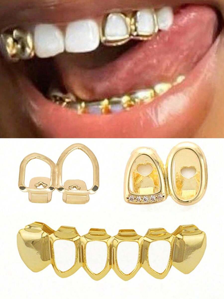 2026 New Collection Of Fine Jewelry2pcs/Set Hip-Hop Hollow Out Heart Stick Diamond Double Tooth Set, Daily Street Fashion Cool Smooth Gold Teeth - Vàng-1 - Xem 1