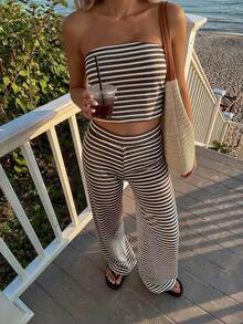 GAOVOT 女士夏季撞色条纹休闲两件套，性感无肩带吊带上衣搭配高腰宽松直筒裤，适合日常通勤 - 棕白色 - 查看 5