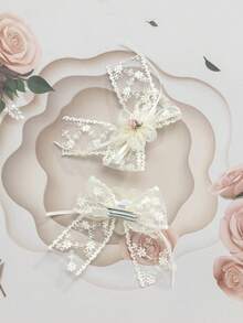2pcs Flower Lace Bow Hair Clips Set, Suitable For Soft Girl & Elegant Style - Beige - View 6