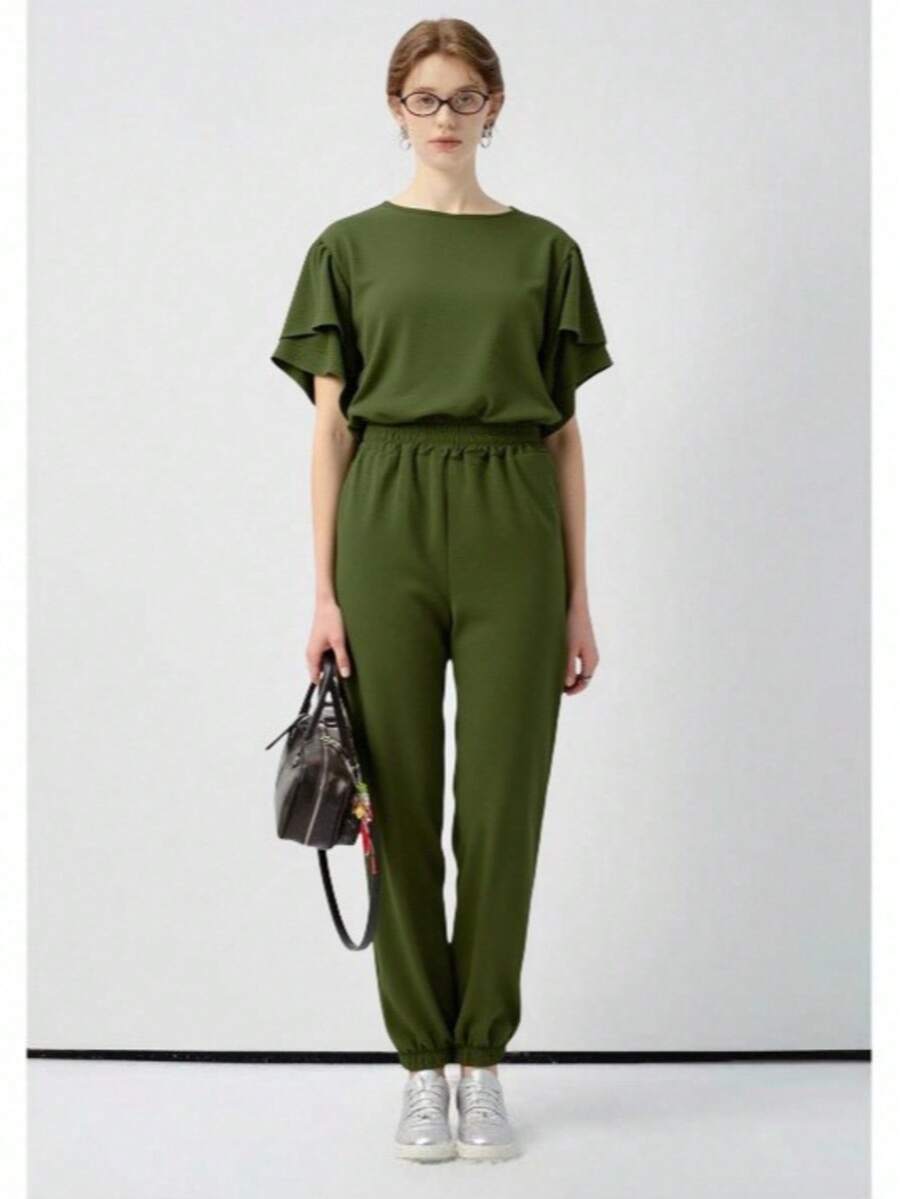 Women's Duna Short Sleeve Jogger Pants Set - Summer Spring - Green - View 1