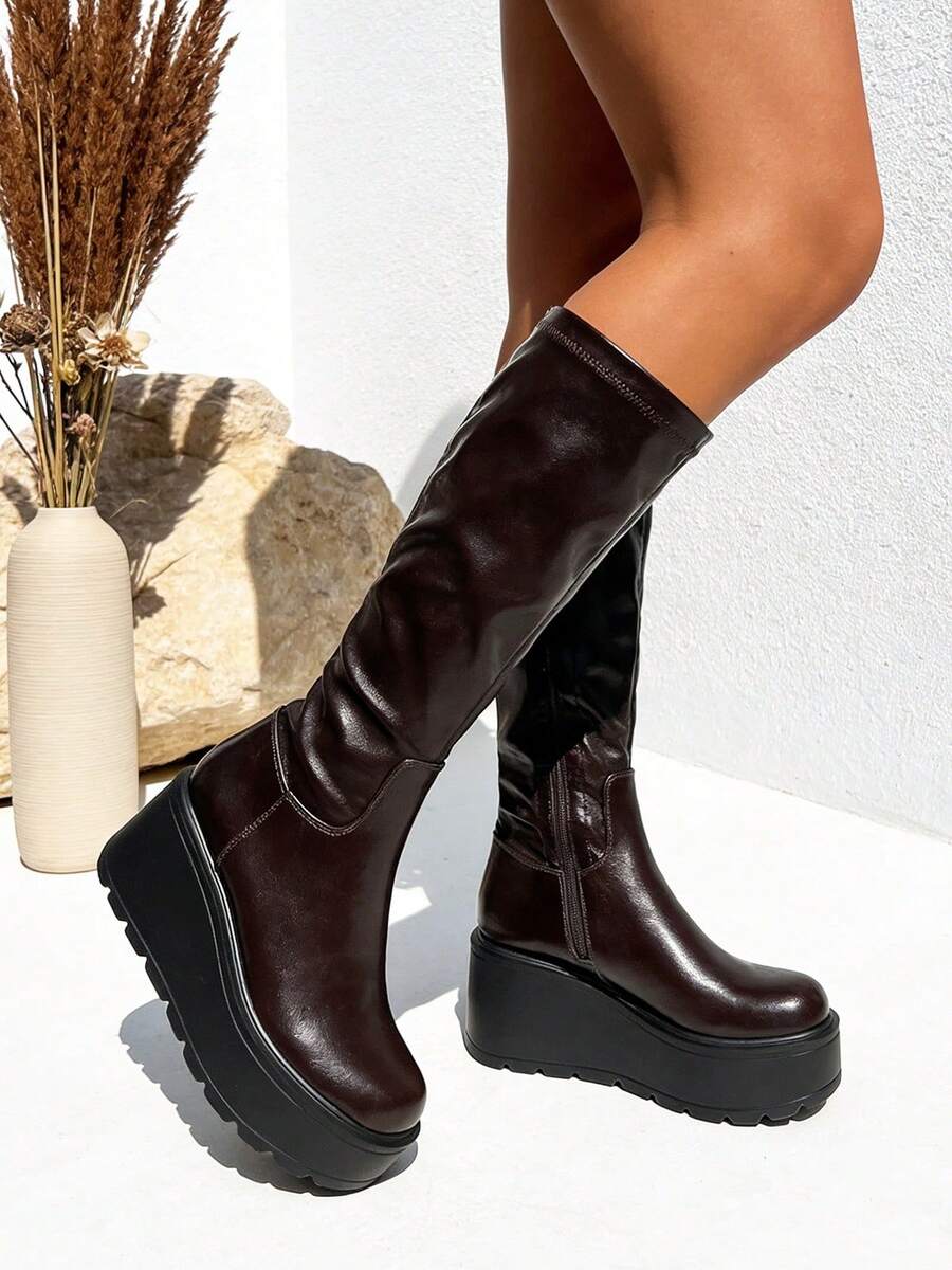 TULIPANO Women's High Boots With High Platform For Winter And Autumn High Quality Slim-Fit Boots With Thick Soles Punk Style With Round Toe, Women's High Boots In Autumn And Winter In New Design, Slim-Fitting With Thick Soles And Increasing Punk Style With High Quality Round Toe - 咖啡棕 - 查看 1