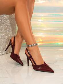 Women's Pointed Toe High Heel Pumps, Patent Leather Stilettos, Versatile Elegant Ankle Strap Sandals - Burgundy - View 5