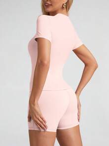 6pecil 女士纯色T恤，适合瑜伽、健身房锻炼、夏季瑜伽服、户外运动服，修身舒适，适合各种体型 - 淺粉色 - 查看 9