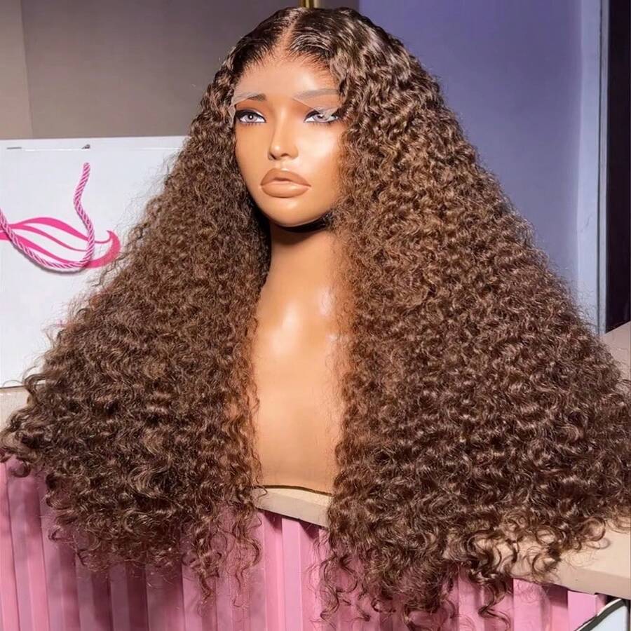 34 Inches Chocolate Brown Curly Lace Front Wigs Colored Human Hair Wigs Pre Plucked Deep Wave 13X4 Hd Lace Frontal Brazilian Wig - S4 - Xem 1