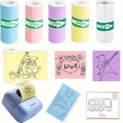 5 rullar minifärgat självhäftande termopapper, 57*25 mm självhäftande etikettpapper för miniskrivare, perfekt för kontorsetiketter, studieanteckningar, arbetsmemorior och mer