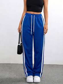 Women's Casual Polyester Jogger Pants With Colorblock Striped Pattern Long Length And Pockets - 藍白色 - 查看 5