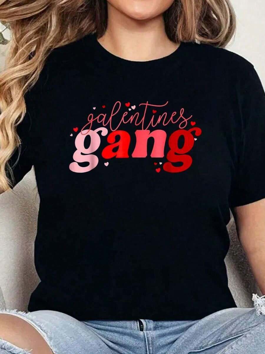Valentine's Day Galentines Gang-Shirt Print Round Neck Short Sleeve-Shirt Women Casual, Summer, Women Top Graphic Tees Women TopsFashionable Women's Clothing - màu đen - Xem 1
