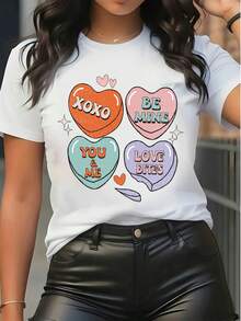 Valentine's Day Heart Print Graphic Tee Women's Casual Short Sleeve Crew Neck T-Shirt XOXO BE MINE You & Me Love Bites Letter Printed Top - White - View 1
