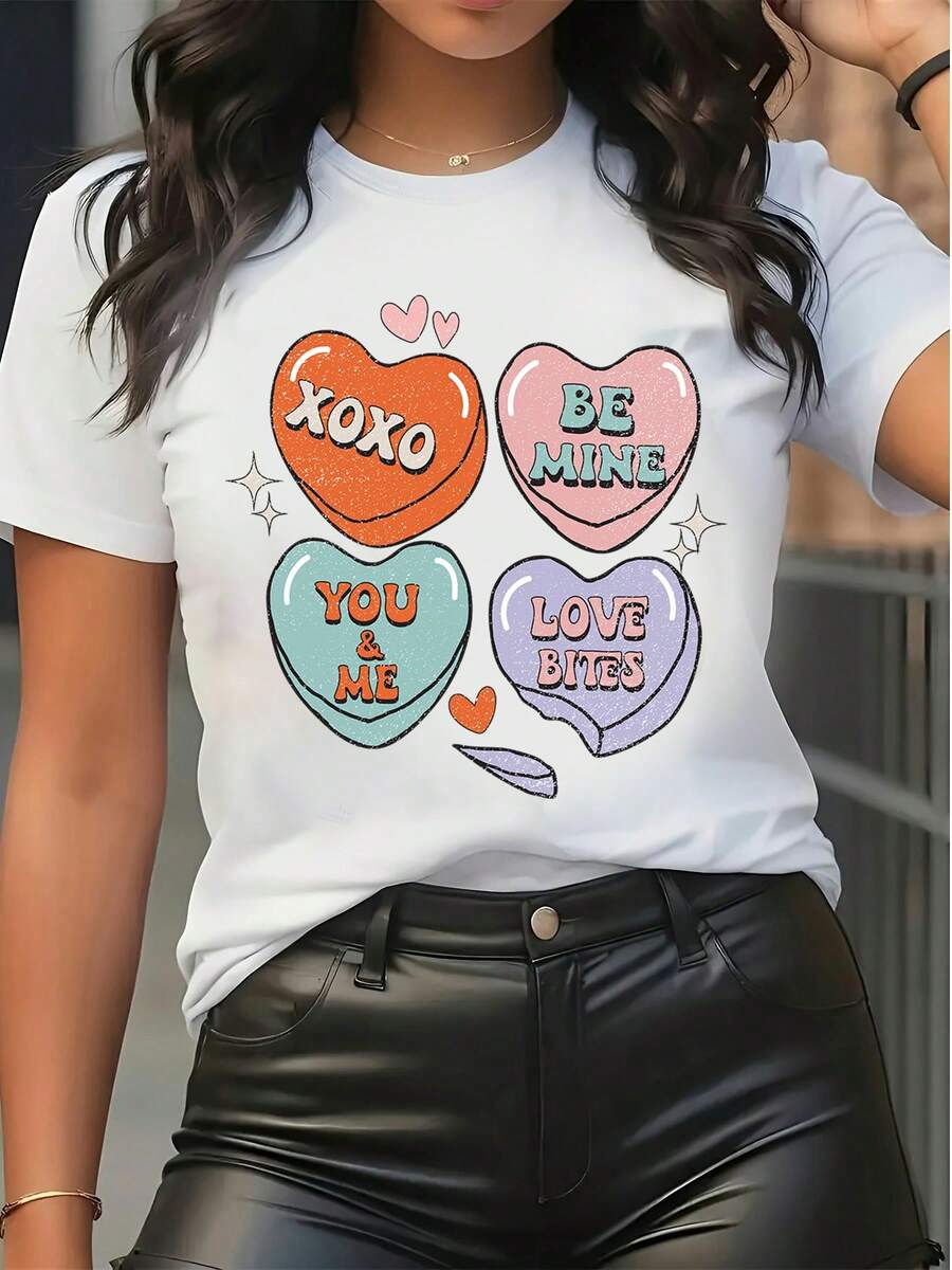 Valentine's Day Heart Print Graphic Tee Women's Casual Short Sleeve Crew Neck T-Shirt XOXO BE MINE You & Me Love Bites Letter Printed Top - White - View 1