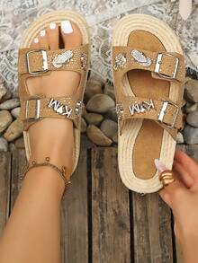 Women's Rhinestone Embellished Vintage Double Strap Adjustable Buckle Square Toe Slip-On Flats, Elegant And Comfortable For Daily, Work, Party And Events - Khaki - View 1