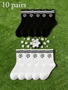 1/10双装男女通用黑白条纹足球中筒袜，休闲舒适，柔软亲肤，适合日常穿着、运动、旅行、学院风搭配，四季皆宜。 - 黑與白 - 查看 8