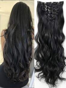 امتدادات شعر مموجة بطول 32 بوصة، 7 قطع/مجموعة، قطع شعر سميكة، تصميم مشبك غير مرئي، ألياف صناعية ناعمة، لون أسود، للنساء - متعدد الألوان - مشاهدة 2