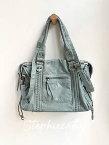 STEPHIECATHY Women's Fashionable Casual Cool Street Style Soft Brush Off Washed PU Vegan Leather Zipper Closure Zip Pockets Braid Decor Large Capacity Fits 13' Laptop Tote Adjustable Long Strap Cross Body Shoulder Bag Daily College Commute Travel Versatile Spring Summer - Màu xanh nhạt - Xem 9