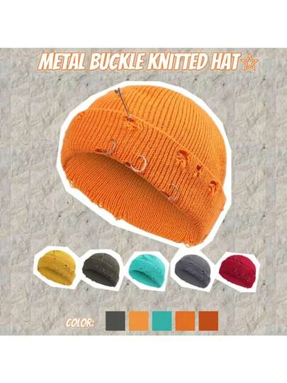 Distressed Pin Knit Beanie Hat, Slouchy Beanie, Korean Style Cold Weather Cap, Autumn/Winter, Outdoor Warm Distressed Knit Beanie, Streetwear Casual Acrylic Rivet Embellished Hat, All Season