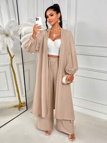 AIJ Amarilo Ladies' Longline Coat And Wide-Leg Pants Two Pieces Set - Casual, Elegant & Romantic Style, Solid Color Design, Suitable For Daily Wear And Holiday Trips - Khaki - View 1