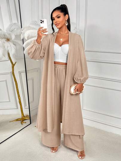 AIJ Amarilo Ladies' Longline Coat And Wide-Leg Pants Two Pieces Set - Casual, Elegant & Romantic Style, Solid Color Design, Suitable For Daily Wear And Holiday Trips