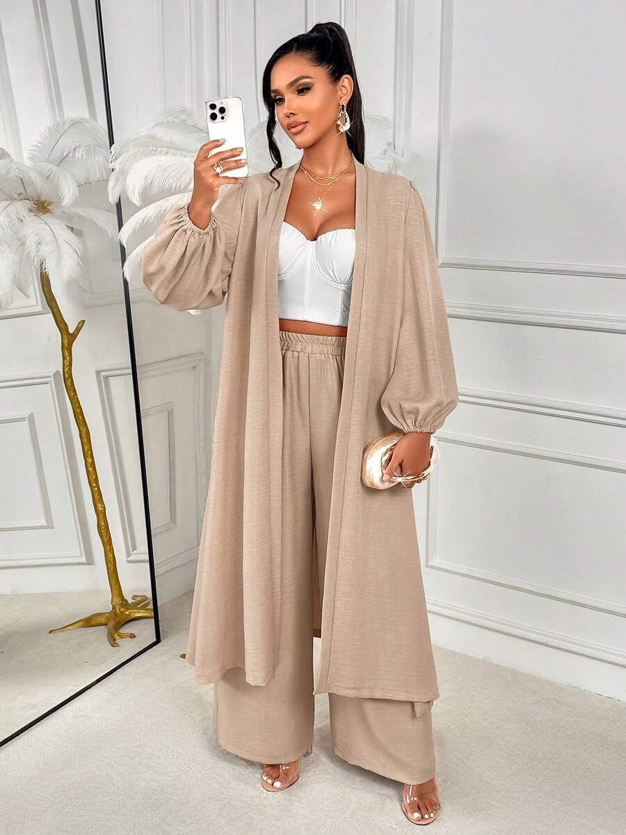 AIJ Amarilo Ladies' Longline Coat And Wide-Leg Pants Two Pieces Set - Casual, Elegant & Romantic Style, Solid Color Design, Suitable For Daily Wear And Holiday Trips - Khaki - View 1