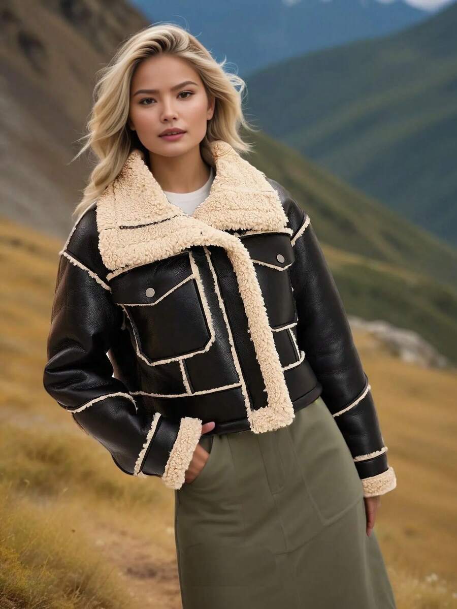 Chaqueta compuesta de cuero y pelo - Negro - Ver 1