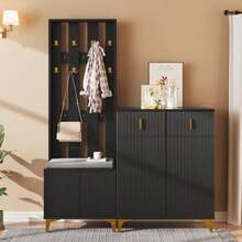 Wardrobe Set With Shoe Bench And Cushion, Wardrobe Front With Hooks, Shoe Cabinet With Drawers And Doors - 黑色 - 查看 4