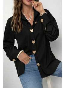 大码女士优雅心形金属纽扣长袖衬衫，百搭纯色通勤衬衫，适合情人节约会、办公室穿着、春季穿搭，黑色 - 黑色 - 查看 4