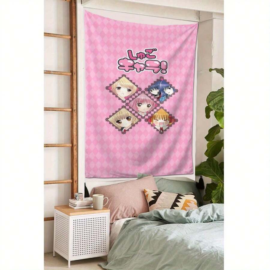 Vertical Pink Anime Girls Tapestry Wall Hanging - Cute Chibi Characters On Pink Diamond Background With Hearts & Bows, Soft Peach Light Beige Fabric For Bedroom, Living Room, Office, Party Decor - Anime Lover Gift - Nhiều màu - Xem 1