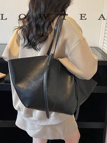 2pcs Low Tea Solid Color PU Leather Shoulder Bag Women Casual Large Capacity Tote Bag, Book Bag With Double Handles And Snap Closure, Suitable For Travel, Shopping, Dating, Gift For Ladies, Fit For Teens, College Girls, And Office Workers, Great For Office, School, Work, Business, Commuting, Outdoor, Travel, Picnic - Black - View 6