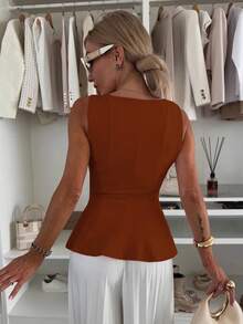 1 chiếc áo kiểu dáng thường ngày, chất liệu vải dệt kim màu trơn, có viền bèo nhún, thích hợp cho mùa hè. - màu nâu - Xem 4