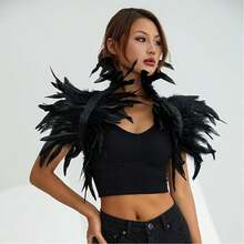 女士哥特式黑色羽毛披肩斗篷，复古乌鸦角色扮演配饰，万圣节天鹅女巫服装，波西米亚风格时尚配饰 - 羽毛護肩 - 查看 2