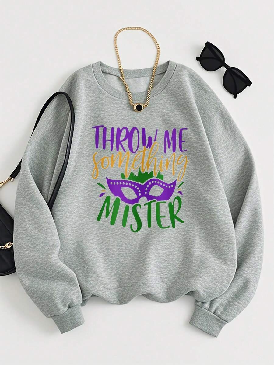 Women'S Gras Carnival Crewneck Sweatshirt - "THROW ME Something MISTER" Graphic Pullover With Mask Design, Green & Purple Lettering, Casual Long Sleeve All-Season Top For Gras Parades, Parties & Casual Attire - Festive Party Outfit, Holiday Apparel, Parade Attire, Playful Print, Statement Sweater, Comfortable Fabric, Durable Material, Non-See-Through Fabric, Soft Material, Costume Lovers, Festival Goers, Live Like It'S Grasgifts For Mom-Free Shipping - 淺灰色 - 查看 1