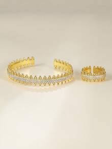 Retro Style Two-Tone Plating Cubic Zirconia Striped Bracelet And Ring Set, Suitable For Daily Wear For Women - Style B Gold - View 3