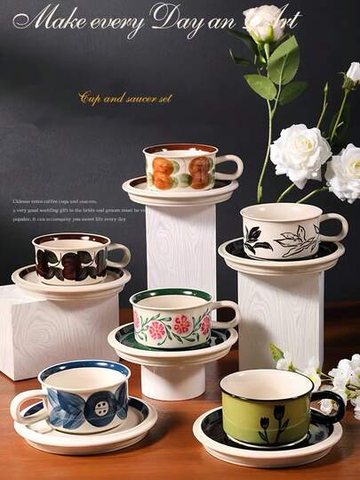 Juego de taza y platillo de cerámica con flores pintadas a mano de estilo vintage finlandés, taza de café/latte/té de especialidad retro, regalo para inauguración de casa, caja de regalo premium