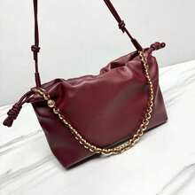 Burgundy Red Drawstring Bucket Bag For Women, Soft Textured Leather Shoulder Bag With Interwoven Gold Chain Strap, Knot Detail Crossbody Purse, Everyday Tote Handbag - Burdeos - Ver 7