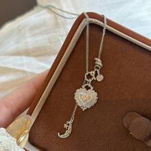 1pc New Luxury Mythical Heart Moon & Detachable Heart Pendant Necklace, Eid Mubarak - Multicolor - View 12