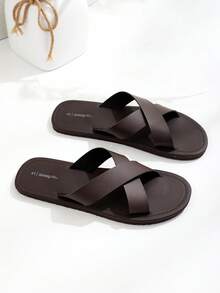 男士舒适时尚黑色交叉绑带拖鞋，时尚平底休闲凉鞋，浴室拖鞋