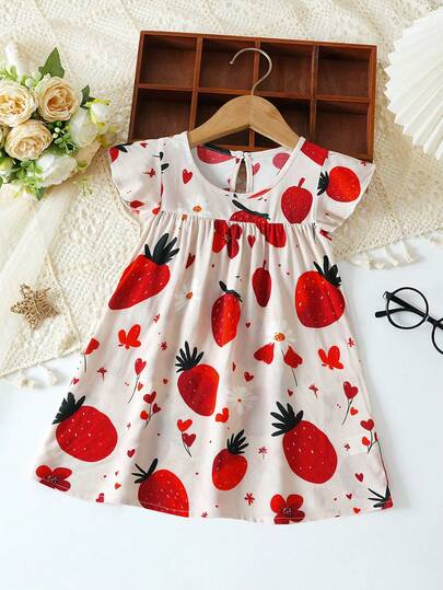 Vestido de princesa de manga de vuelo con estampado de flores de fresa para bebé niña, verano