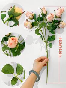 1pc/2pcs/3pcs/4pcs/5pcs/6pcs Pink Artificial Roses, Fake Dried Roses, Home Decor Fake Roses, 7 Heads Nordic Style Mini Artificial Roses, Green Artificial Plants, Bohemian Autumn Farmhouse Style Decorative Rose Bouquet - Pink - View 2
